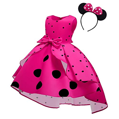 OBEEII Muchacha Vestido Princesa Retro, Vestido de Niña con Falda Conjunto Cumpleaños Disfraz Vestido de Lunares con Lazo y Diadema, Vestido de Fiesta de Tul para Navidad Rosa Roja 18-24 Meses