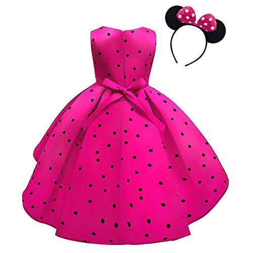 OBEEII Muchacha Vestido Princesa Retro, Vestido de Niña con Falda Conjunto Cumpleaños Disfraz Vestido de Lunares con Lazo y Diadema, Vestido de Fiesta de Tul para Navidad Rosa Roja 18-24 Meses