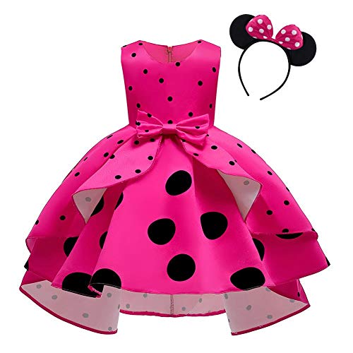 OBEEII Muchacha Vestido Princesa Retro, Vestido de Niña con Falda Conjunto Cumpleaños Disfraz Vestido de Lunares con Lazo y Diadema, Vestido de Fiesta de Tul para Navidad Rosa Roja 18-24 Meses