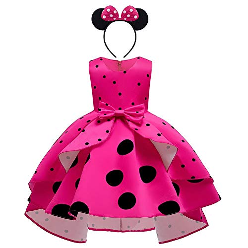 OBEEII Muchacha Vestido Princesa Retro, Vestido de Niña con Falda Conjunto Cumpleaños Disfraz Vestido de Lunares con Lazo y Diadema, Vestido de Fiesta de Tul para Navidad Rosa Roja 18-24 Meses