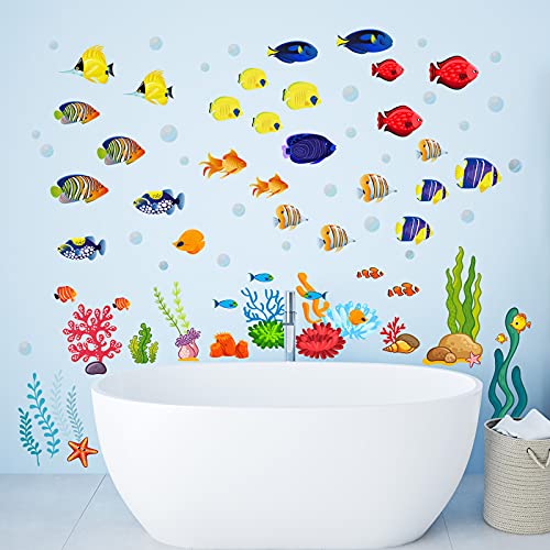 onetoze Pegatinas de Pared Peces Tropicales Vinilos Decorativos Bajo el Mar para Baño Dormitorio Habitación Niños Jardín de Infantes Guardería, 170x109cm