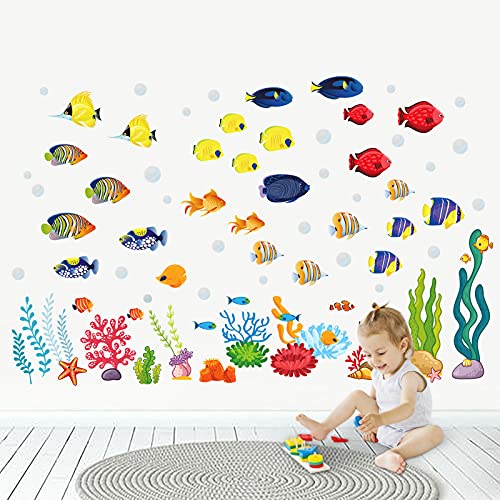 onetoze Pegatinas de Pared Peces Tropicales Vinilos Decorativos Bajo el Mar para Baño Dormitorio Habitación Niños Jardín de Infantes Guardería, 170x109cm