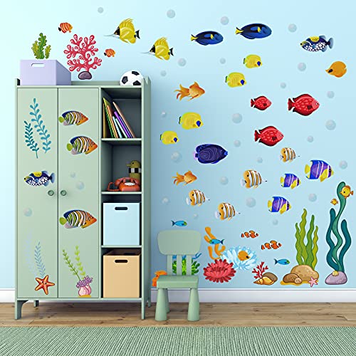 onetoze Pegatinas de Pared Peces Tropicales Vinilos Decorativos Bajo el Mar para Baño Dormitorio Habitación Niños Jardín de Infantes Guardería, 170x109cm