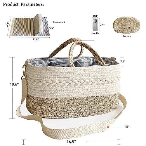 Organizador de pañales para bebés, cesta de almacenamiento de pañales, organizador de guardería de algodón de cuerda tejida, asa portátil con compartimentos grandes para cambiar pañales, beige crema