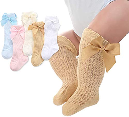 PAADIYA Recién nacido Bebé Medias Grande Nudo de proa Medias Calcetines largos Suave Medias de algodón Calcetines princesa 0-2 años (5 PACK, 0-12 meses)