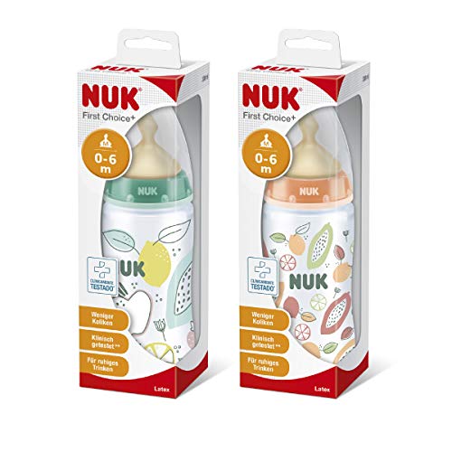 ¡Pack 2x1! | Biberones NUK First Choice+ PP Colour Play | Latex | 300ml | Color naranja y verde | Orificio M | 0-6m