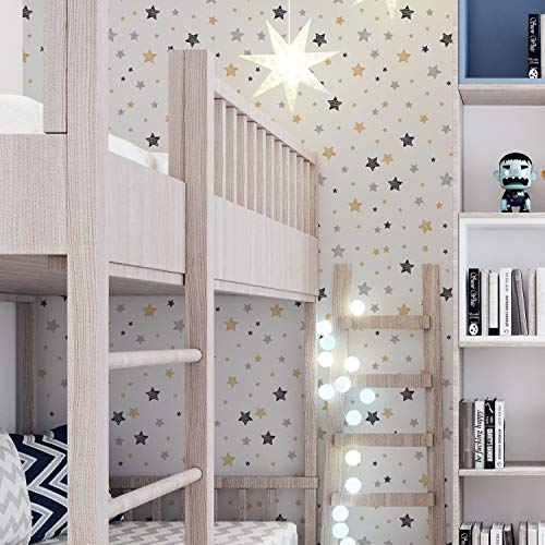 Papel Vinilo Adhesivo de Estrellas para Muebles y Pared de Habitación Infantil, 40 x 300 cm, Color Gris, VNL-097