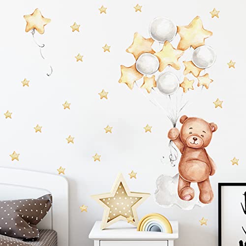 Pegatinas De Pared Estrellas Con Oso y Globo, Vinilo Decorativo Para Niños y Niñas, Vinilo Adhesivo Para Puerta De Armario, Decoración De Pared Para Habitación De Niños, Sala De Estar, Dormitorio