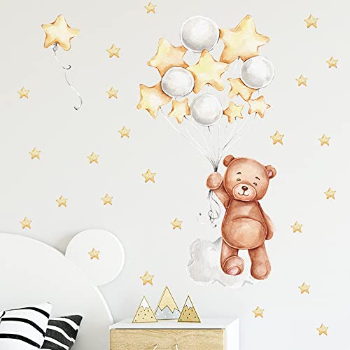 Pegatinas De Pared Estrellas Con Oso y Globo, Vinilo Decorativo Para Niños y Niñas, Vinilo Adhesivo Para Puerta De Armario, Decoración De Pared Para Habitación De Niños, Sala De Estar, Dormitorio