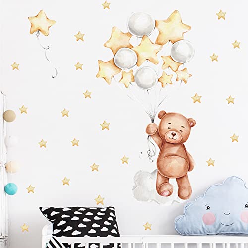 Pegatinas De Pared Estrellas Con Oso y Globo, Vinilo Decorativo Para Niños y Niñas, Vinilo Adhesivo Para Puerta De Armario, Decoración De Pared Para Habitación De Niños, Sala De Estar, Dormitorio