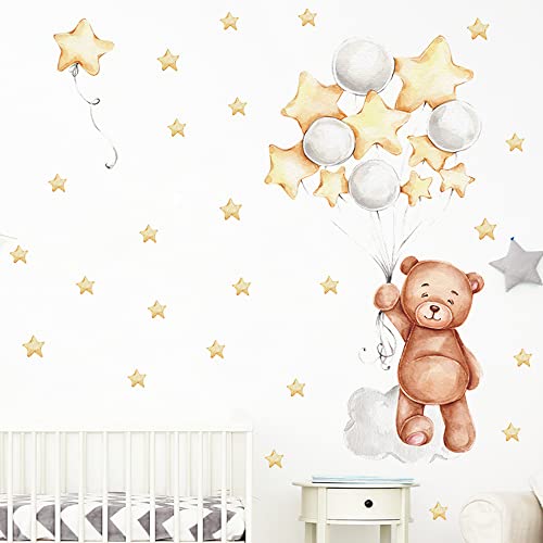 Pegatinas De Pared Estrellas Con Oso y Globo, Vinilo Decorativo Para Niños y Niñas, Vinilo Adhesivo Para Puerta De Armario, Decoración De Pared Para Habitación De Niños, Sala De Estar, Dormitorio