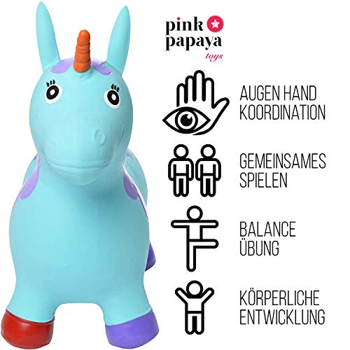 Pink Papaya Animales de Juguete Unicornio Bobby - Caballos para Niños Mayores de 3 Años hasta 50 kg - Animal Inflable para Niños sin BPA - Incluye Bomba de Aire