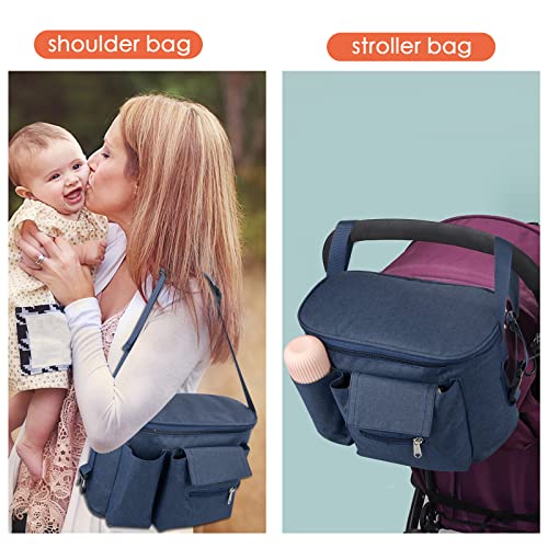 Pinsheng Bolsa Organizadora Para Cochecito, Gran Capacidad Bolso Organizador Carrito Bebe Universal, Bolso Carro Bebé con Portavasos y Correa para el Hombro para Accesorios de bebé (Azul Marino)