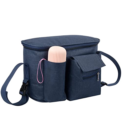 Pinsheng Bolsa Organizadora Para Cochecito, Gran Capacidad Bolso Organizador Carrito Bebe Universal, Bolso Carro Bebé con Portavasos y Correa para el Hombro para Accesorios de bebé (Azul Marino)