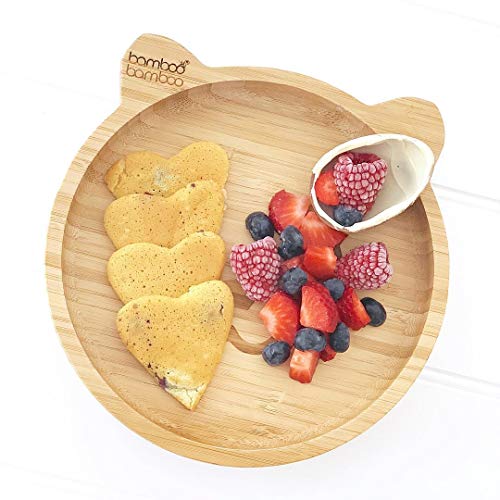 Plato de Bambú para Bebés con Sistema de Succión - Plato con Sistema de Succión para Niños, Plato de Bambú No Tóxico y Natural que Se Mantiene Frío al Tacto para el Baby-Led Weaning (Panda) Cereza