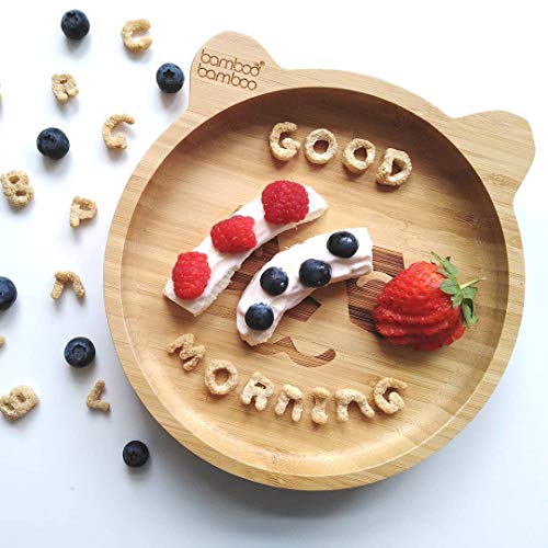 Plato de Bambú para Bebés con Sistema de Succión - Plato con Sistema de Succión para Niños, Plato de Bambú No Tóxico y Natural que Se Mantiene Frío al Tacto para el Baby-Led Weaning (Panda) Cereza