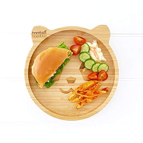 Plato de Bambú para Bebés con Sistema de Succión - Plato con Sistema de Succión para Niños, Plato de Bambú No Tóxico y Natural que Se Mantiene Frío al Tacto para el Baby-Led Weaning (Panda) Cereza