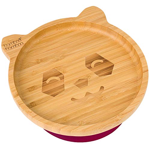 Plato de Bambú para Bebés con Sistema de Succión - Plato con Sistema de Succión para Niños, Plato de Bambú No Tóxico y Natural que Se Mantiene Frío al Tacto para el Baby-Led Weaning (Panda) Cereza