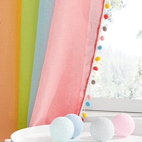 PONY DANCE Cortinas Translúcidas Salón Romántica con Pompon- Cortinas para Habiticion Niño Niña, Tejido de 100% Poliéster con Ojales para Dortimotorio Juvenil, 2 Paneles, 140 x 245 CM Arcoiris