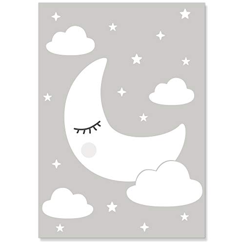 PREMYO Cuadros Infantiles para Habitación Niña Niños - Láminas Decorativas para Enmarcar 4 Póster Luna Estrella Gris A4