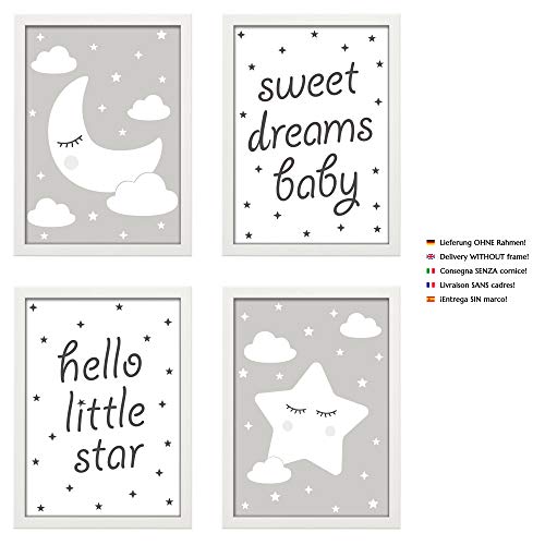 PREMYO Cuadros Infantiles para Habitación Niña Niños - Láminas Decorativas para Enmarcar 4 Póster Luna Estrella Gris A4