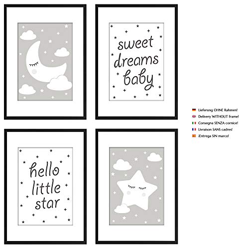 PREMYO Cuadros Infantiles para Habitación Niña Niños - Láminas Decorativas para Enmarcar 4 Póster Luna Estrella Gris A4