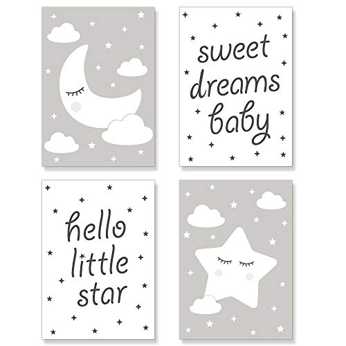 PREMYO Cuadros Infantiles para Habitación Niña Niños - Láminas Decorativas para Enmarcar 4 Póster Luna Estrella Gris A4