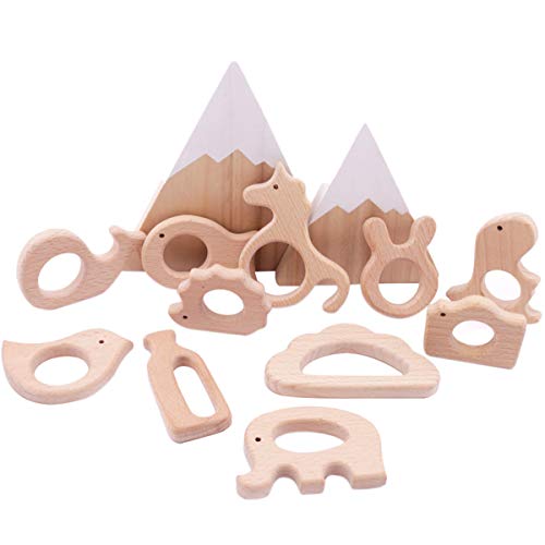 Promise Babe 11pc Bebé Juguetes Montessori de Dentición de Madera Madera Pájaro Elefante Ardilla Kit de Animales Colgante Hecho a Mano Juguetes Sensoriales