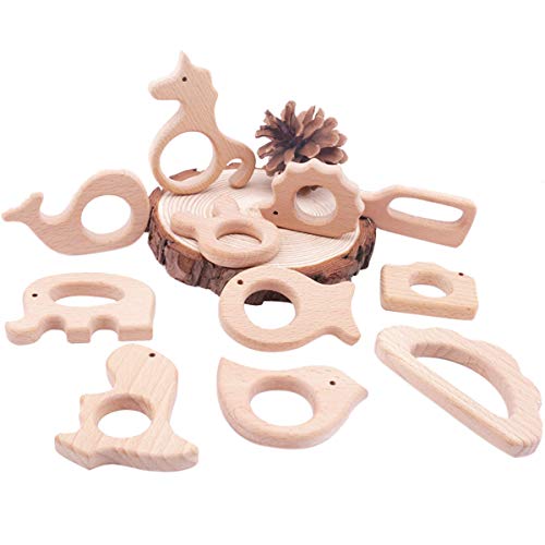 Promise Babe 11pc Bebé Juguetes Montessori de Dentición de Madera Madera Pájaro Elefante Ardilla Kit de Animales Colgante Hecho a Mano Juguetes Sensoriales