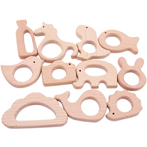 Promise Babe 11pc Bebé Juguetes Montessori de Dentición de Madera Madera Pájaro Elefante Ardilla Kit de Animales Colgante Hecho a Mano Juguetes Sensoriales