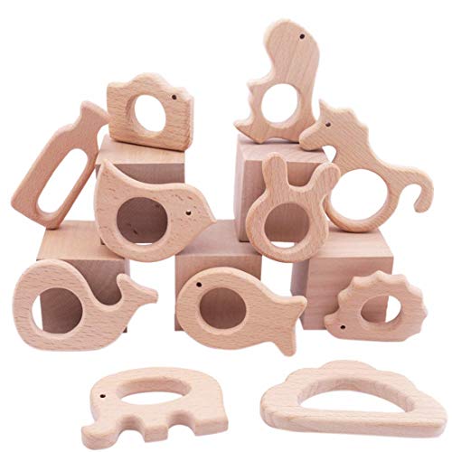 Promise Babe 11pc Bebé Juguetes Montessori de Dentición de Madera Madera Pájaro Elefante Ardilla Kit de Animales Colgante Hecho a Mano Juguetes Sensoriales