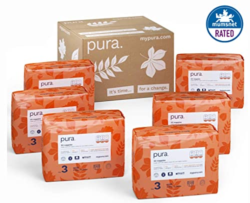 Pura Pañales Premium Eco para bebé - Tamaño 3 (Mini 7-13kg / 16-28 lbs) 6 paquetes de 33 pañales (198 en total), Fibras vegetales naturales certificados FSC, puras, respetuosas con el medio ambiente