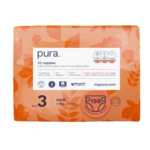 Pura Pañales Premium Eco para bebé - Tamaño 3 (Mini 7-13kg / 16-28 lbs) 6 paquetes de 33 pañales (198 en total), Fibras vegetales naturales certificados FSC, puras, respetuosas con el medio ambiente