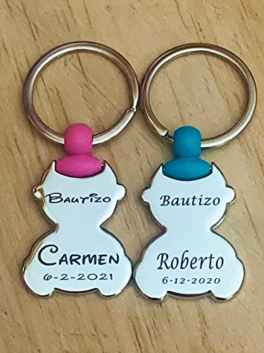 regalo grabado Llavero Bebe para bautizo, PESONALIZADO con nombre, fecha. Pack (15)