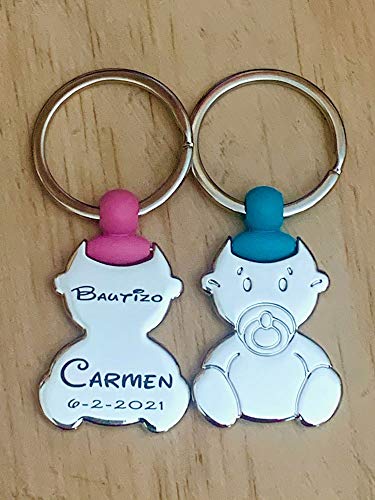 regalo grabado Llavero Bebe para bautizo, PESONALIZADO con nombre, fecha. Pack (15)