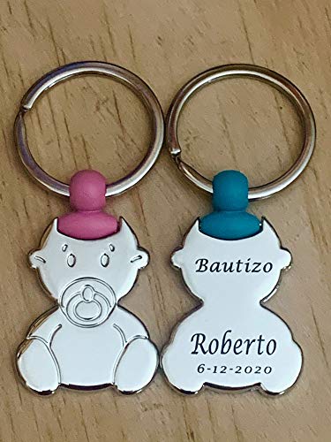 regalo grabado Llavero Bebe para bautizo, PESONALIZADO con nombre, fecha. Pack (15)