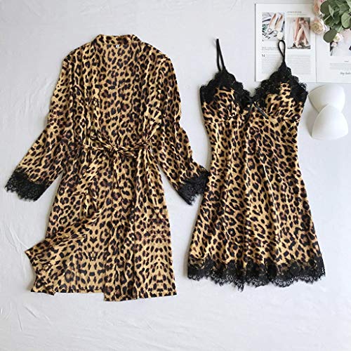 riou Pijama Mujer Sexy Seda Satinada Cárdigan Camisón Albornoz Albornoces para Mujer Ropa Interior Encaje Leopardo Atractivo Babydol Pijamas 2PC