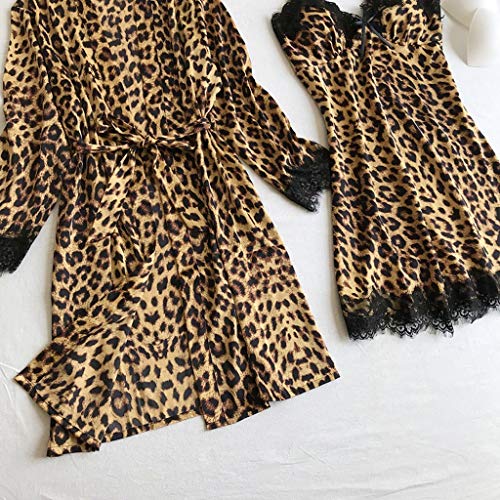 riou Pijama Mujer Sexy Seda Satinada Cárdigan Camisón Albornoz Albornoces para Mujer Ropa Interior Encaje Leopardo Atractivo Babydol Pijamas 2PC