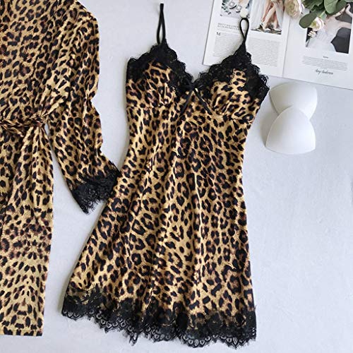 riou Pijama Mujer Sexy Seda Satinada Cárdigan Camisón Albornoz Albornoces para Mujer Ropa Interior Encaje Leopardo Atractivo Babydol Pijamas 2PC