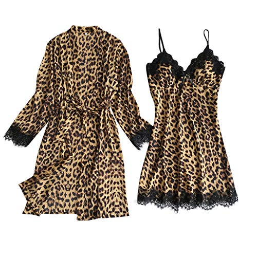 riou Pijama Mujer Sexy Seda Satinada Cárdigan Camisón Albornoz Albornoces para Mujer Ropa Interior Encaje Leopardo Atractivo Babydol Pijamas 2PC