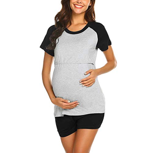 Ropa para Dormir para Premamá Hospital Pijama Maternidad Lactancia Verano Conjunto Top y Pantalones Corto 2 Piezas S-2XL/XXL Negro