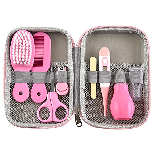 RoseFlower Kit de Aseo para Bebés, 8 Piezas Set para Cuidado del Bebé con Cepillo de Dientes de Dedo y Cortador de Uñas, Lima de Uñas Cepillo Peine, Set Cuidado Bebe Recien Nacido, Rosado