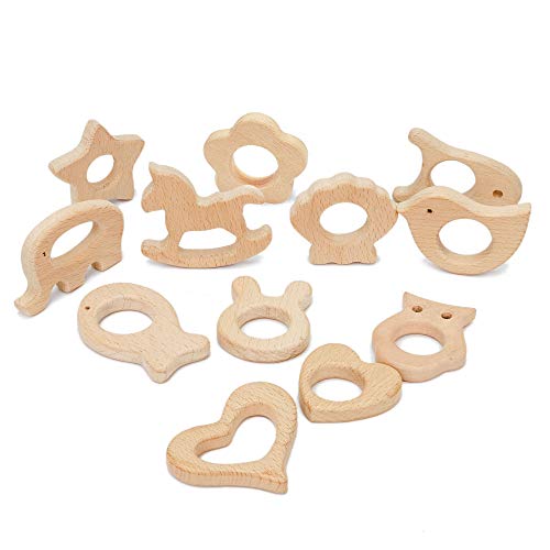 RUBY - 12 Pcs Sonajero Animal Orgánico, Figuras de Madera Orgánico Bebé Kit Colgante Bricolage Accesorios Madera Natural Juguete Niños Ducha (Lote 1)