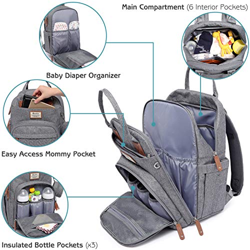 RUVALINO Mochila para Pañales, Bolso Cambiador Bebé con Esterilla Portátil, Portachupetes y Correas para el Cochecito, Bolso de Viaje Impermeable Multifuncional para Mamá y Papá, Gris