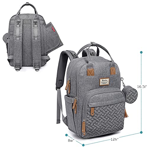 RUVALINO Mochila para Pañales, Bolso Cambiador Bebé con Esterilla Portátil, Portachupetes y Correas para el Cochecito, Bolso de Viaje Impermeable Multifuncional para Mamá y Papá, Gris