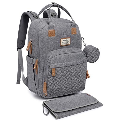 RUVALINO Mochila para Pañales, Bolso Cambiador Bebé con Esterilla Portátil, Portachupetes y Correas para el Cochecito, Bolso de Viaje Impermeable Multifuncional para Mamá y Papá, Gris