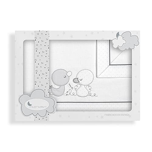 Sábanas Minicuna 50 x 80 Bebé Algodón 100 % ( Bajera + Encimera + Funda Almohada ) (Patitos BCO Gris)