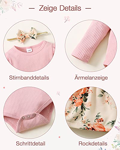 SANMIO 3 piezas Conjunto de Ropa Bebé Niña (0-18 meses) Manga Larga Volantes Mameluco + Falda de Tirantes Florales + Diadema Ropa Bebe Recien Nacido