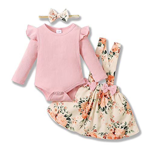 SANMIO 3 piezas Conjunto de Ropa Bebé Niña (0-18 meses) Manga Larga Volantes Mameluco + Falda de Tirantes Florales + Diadema Ropa Bebe Recien Nacido