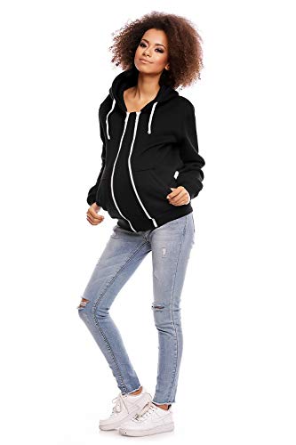 Selente Mummy Love - Sudadera con capucha para mujer de manga larga para lactancia materna (fabricada en la UE) de 100% algodón para embarazo y lactancia Chaqueta con cremallera de color negro. S